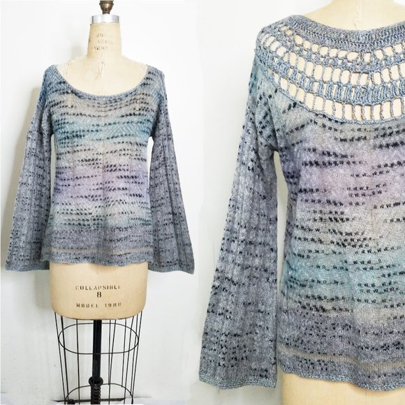 Free People Womens Sweater Top Blue Moon Crochet Knit Mohair Blend S - Picture 2 of 11